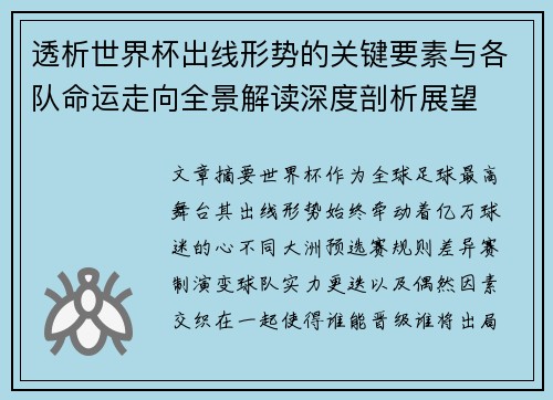 透析世界杯出线形势的关键要素与各队命运走向全景解读深度剖析展望