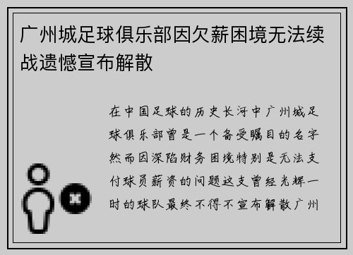 广州城足球俱乐部因欠薪困境无法续战遗憾宣布解散