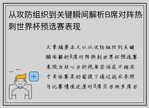 从攻防组织到关键瞬间解析B席对阵热刺世界杯预选赛表现